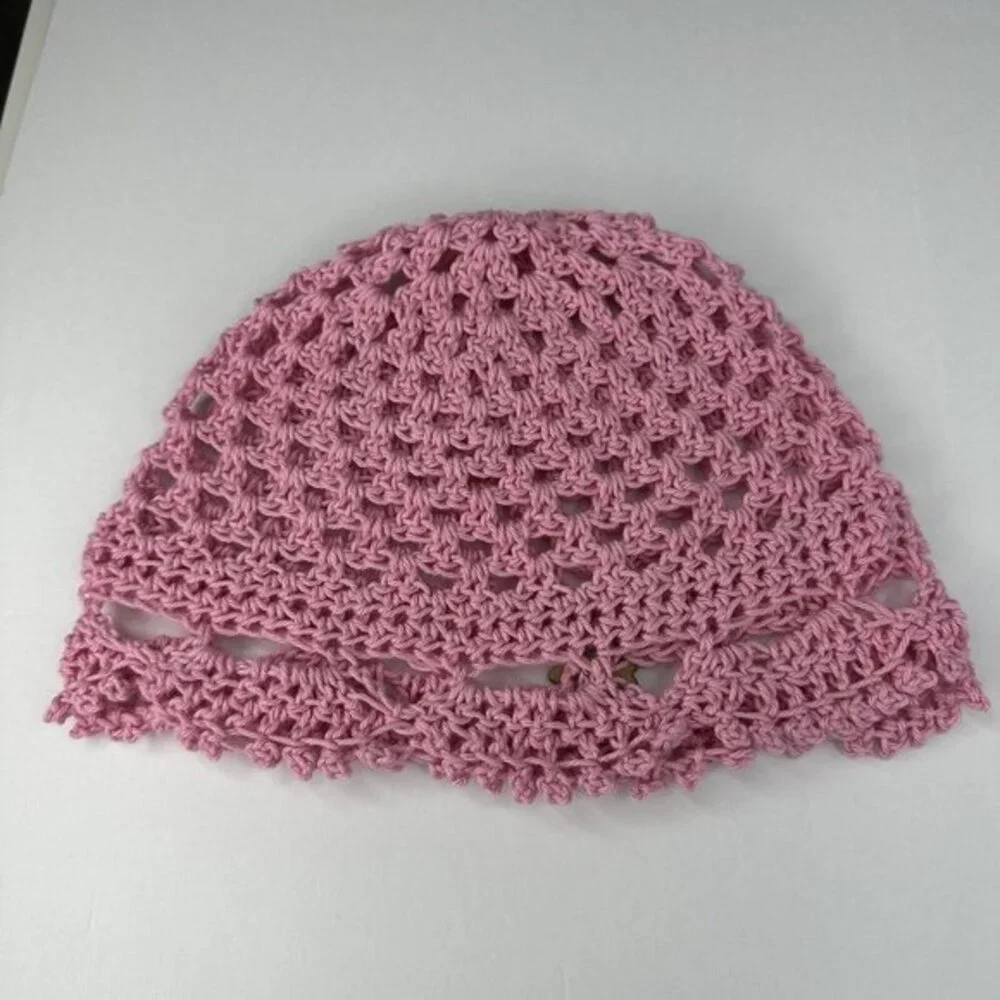 Created by Cyd Juliet‎ Pink Crochet Beanie Cotton Open Weave Scalloped Hat NEW